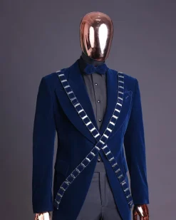 An “X” Midnight Blue, soaked velvet fabric, knitted, wide peak lapel tuxedo suit
