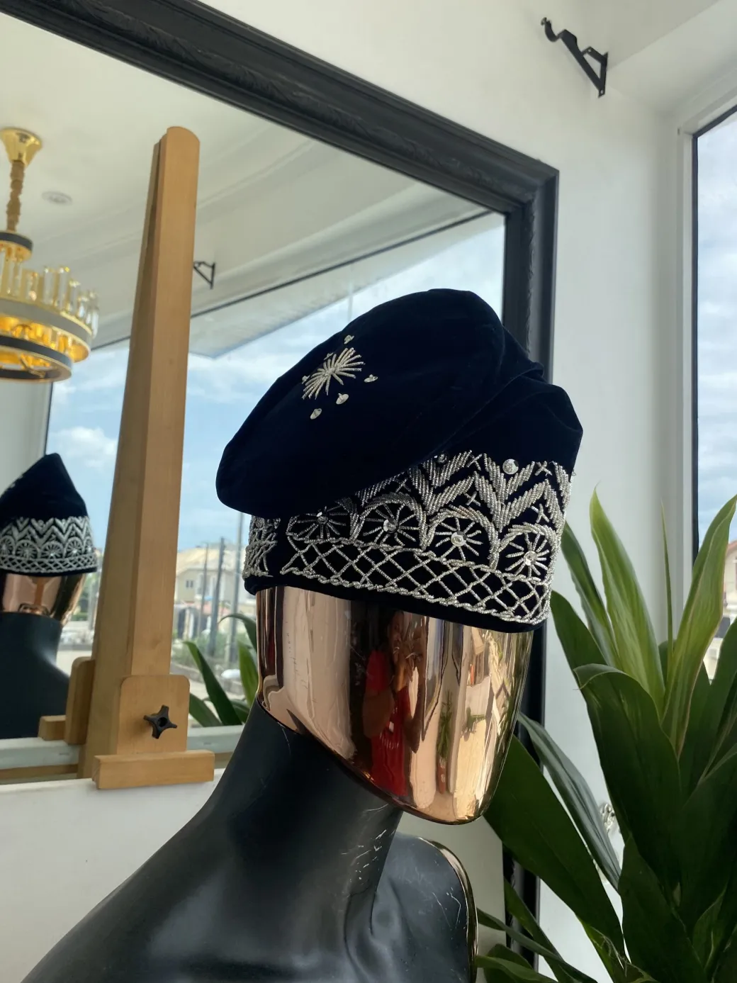 Black and silver glass bead Embroidery Yoruba Traditional Ide Cap