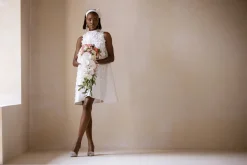 Ivory Short Bridal Dress With Swarovski Crystal and Petals Detailing