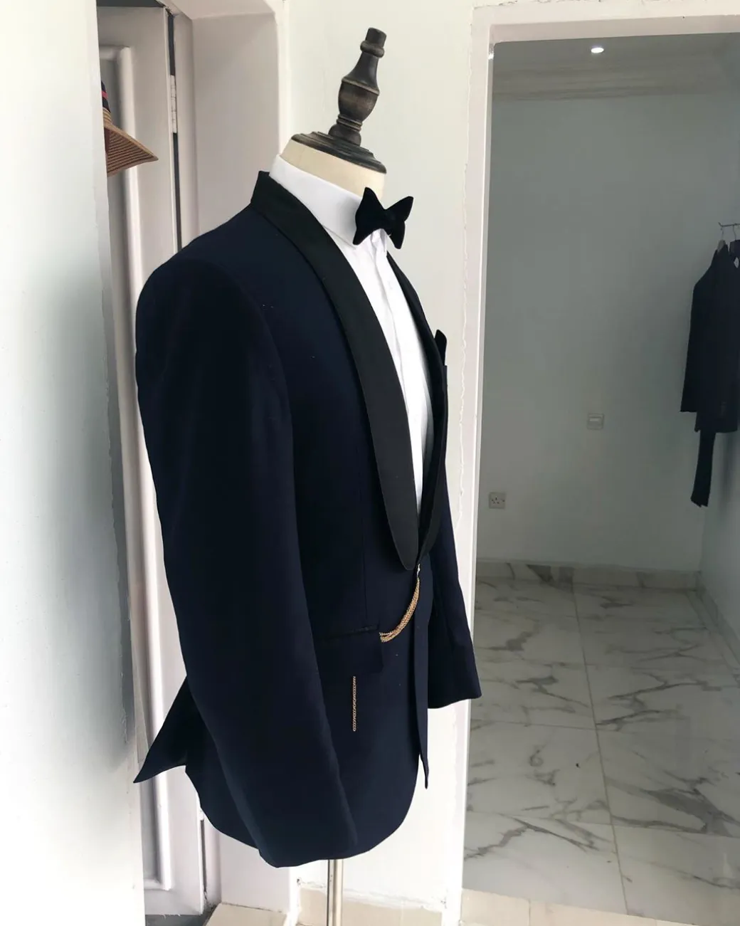 Jorgecarli Fabric, Navy Blue Mens one Button Tuxedo Suit