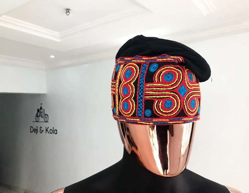 Light Blue, Orange, Red and Yellow Embroidery Yoruba Fila/hat