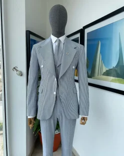Monochrome seersucker (rail road stripe) notch lapel suit