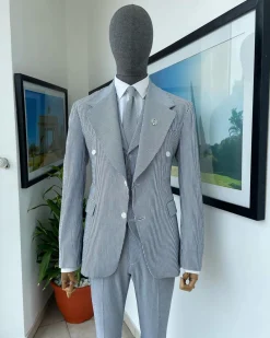 Monochrome seersucker (rail road stripe) notch lapel suit