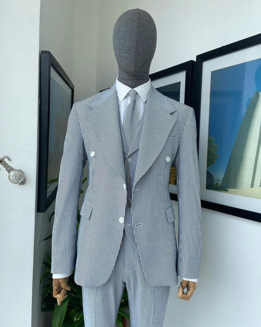 Monochrome seersucker (rail road stripe) notch lapel suit