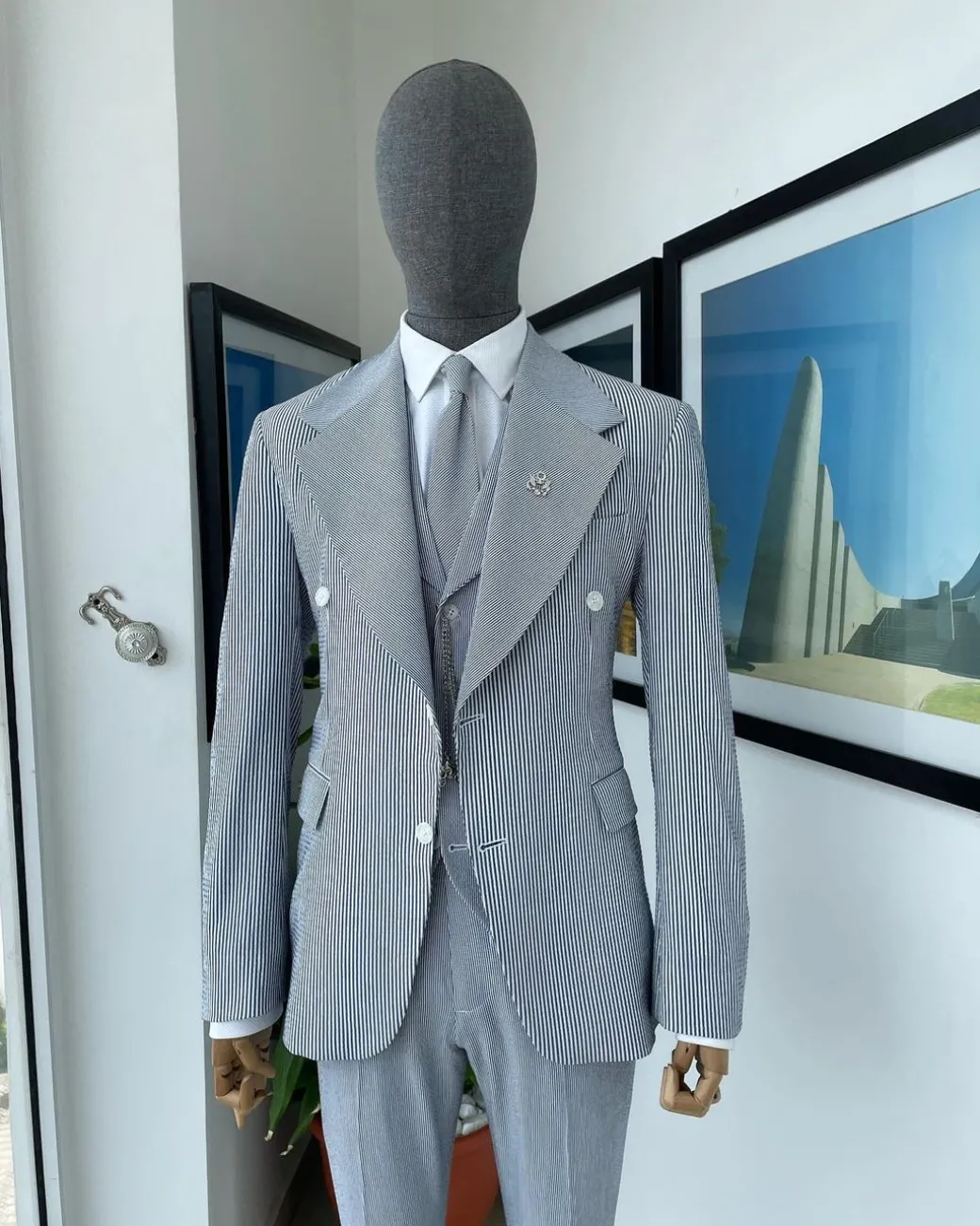 Monochrome seersucker (rail road stripe) notch lapel suit