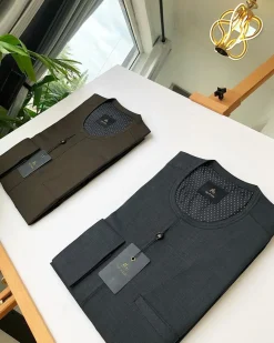 Navy Blue and Brown Front Flap Detailing Kaftan