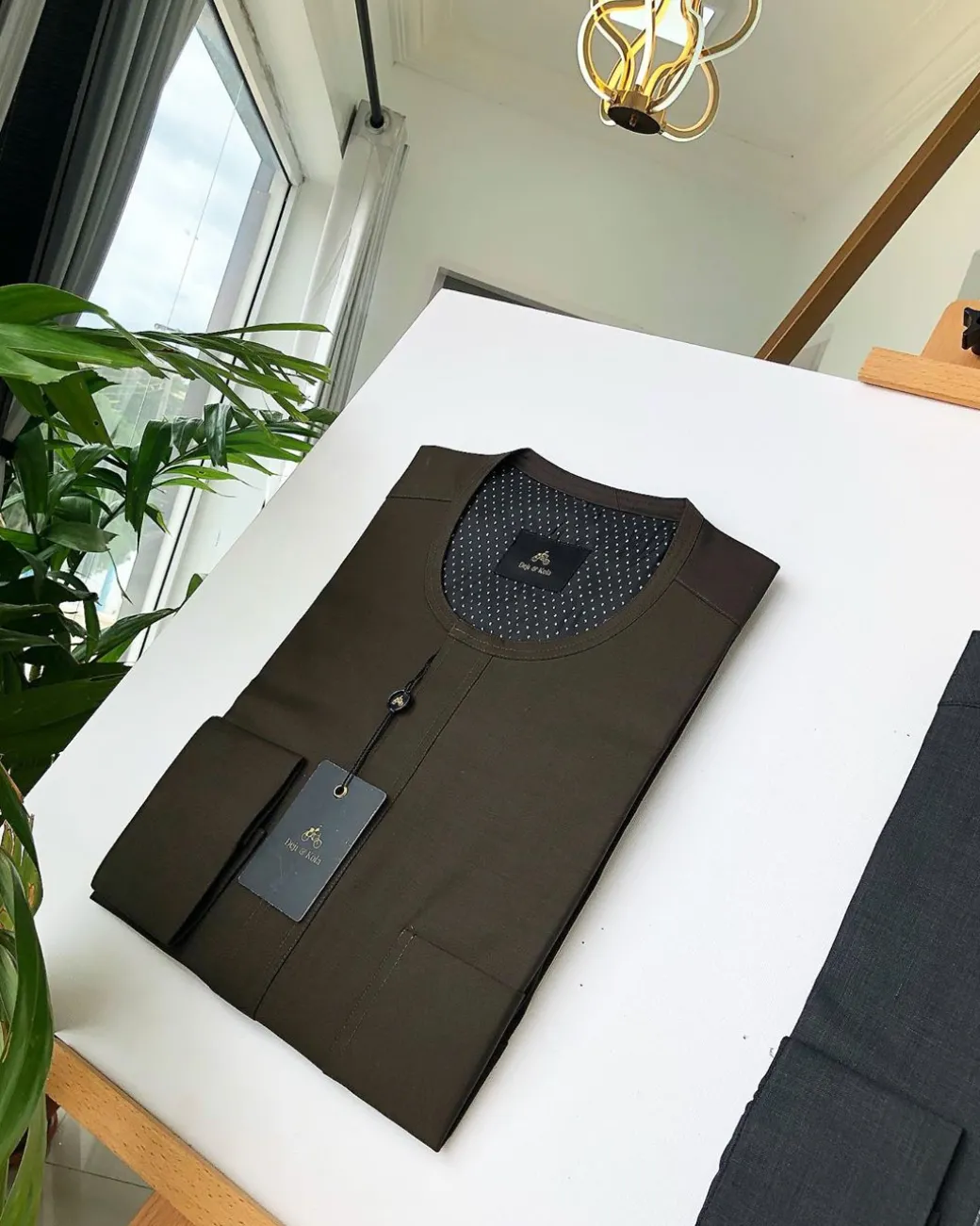 Navy Blue and Brown Front Flap Detailing Kaftan
