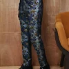 Navy, Skye blue, with a splash of gold-printed jacquard pants