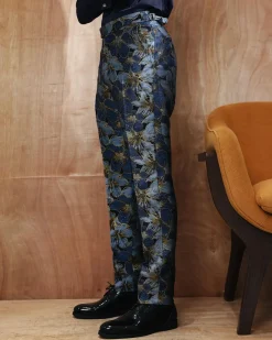 Navy, Skye blue, with a splash of gold-printed jacquard pants