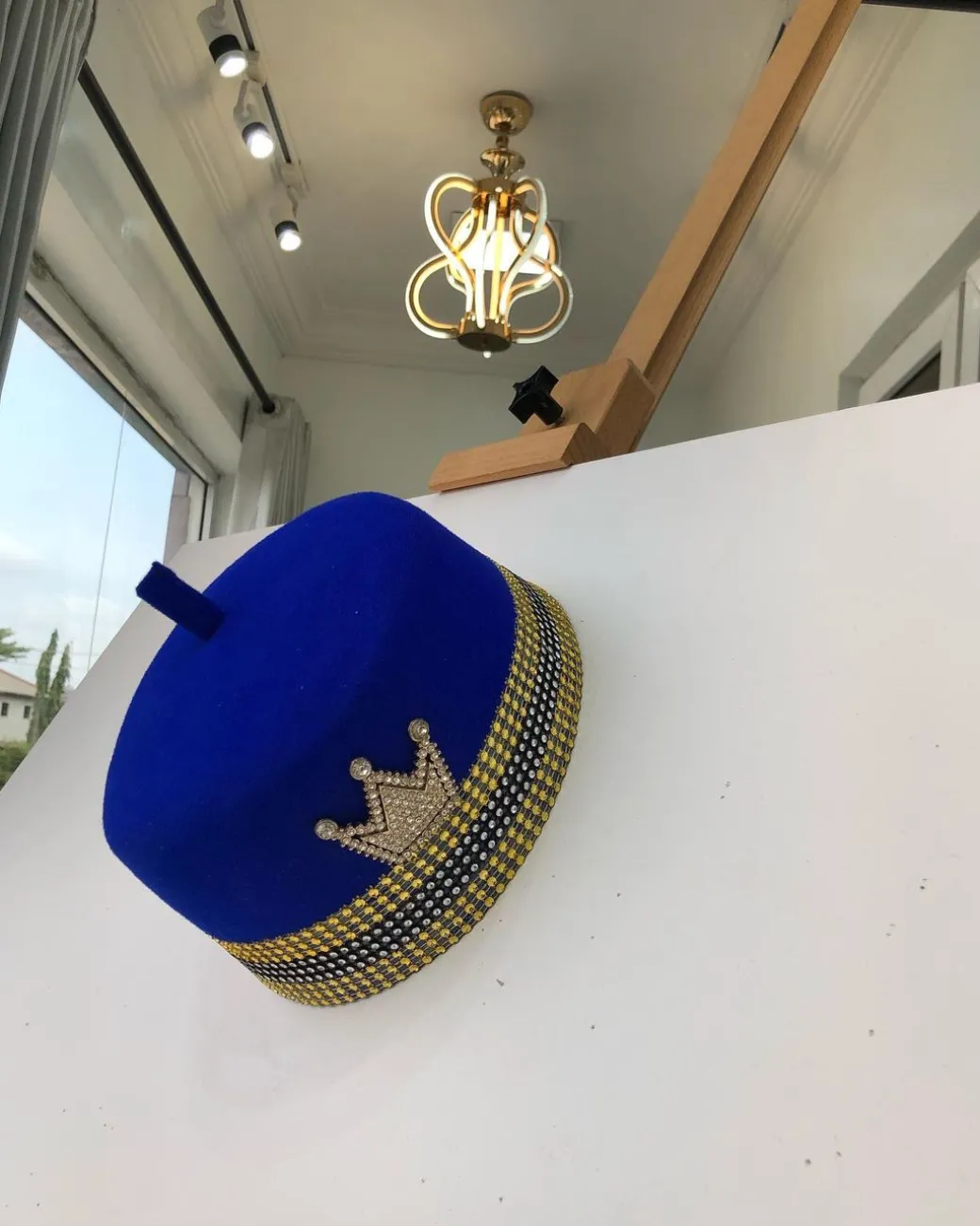 Royal Blue African Traditional Hat With Gold Adornment