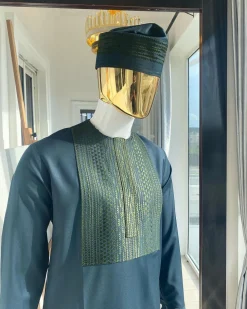 The “Chadian” front embroidery army green senator traditional kaftan with a matching design hat.