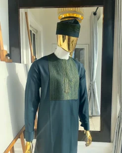 The “Chadian” front embroidery army green senator traditional kaftan with a matching design hat.