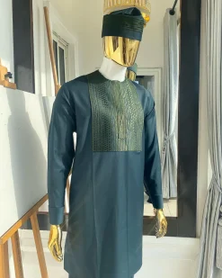 The “Chadian” front embroidery army green senator traditional kaftan with a matching design hat.