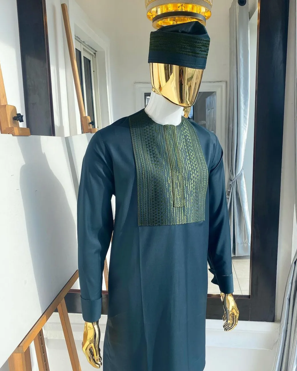 The “Chadian” front embroidery army green senator traditional kaftan with a matching design hat.