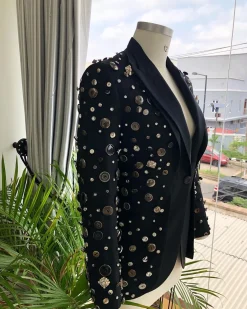 The Charcoal Black “675 – No Longer At Ease” Pearls, bronze, silver Buttons and Studs Suit