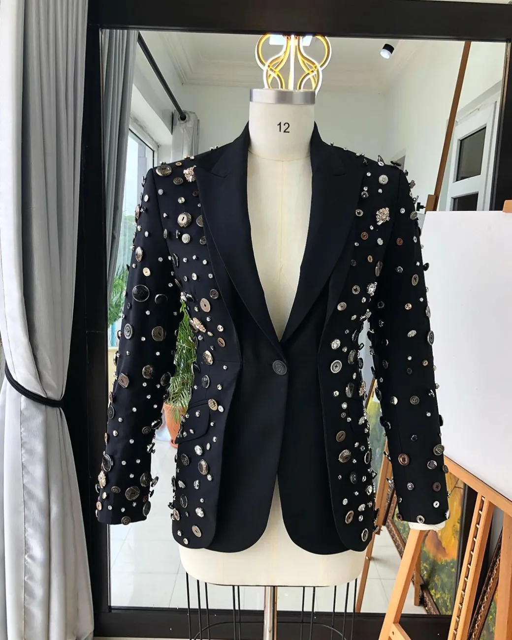 The Charcoal Black “675 – No Longer At Ease” Pearls, bronze, silver Buttons and Studs Suit