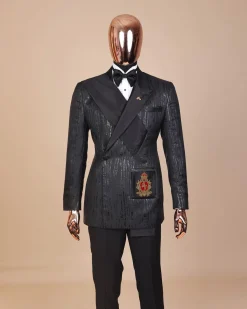 The “Da Vinci” charcoal black, metallic jacquard, single lapel, mid cut intersect strap tuxedo suit.