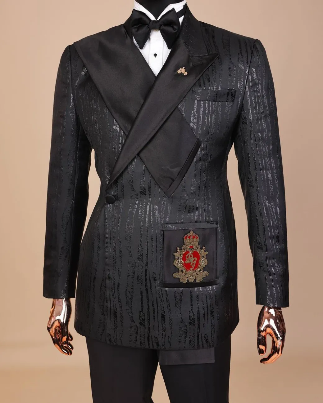 The “Da Vinci” charcoal black, metallic jacquard, single lapel, mid cut intersect strap tuxedo suit.