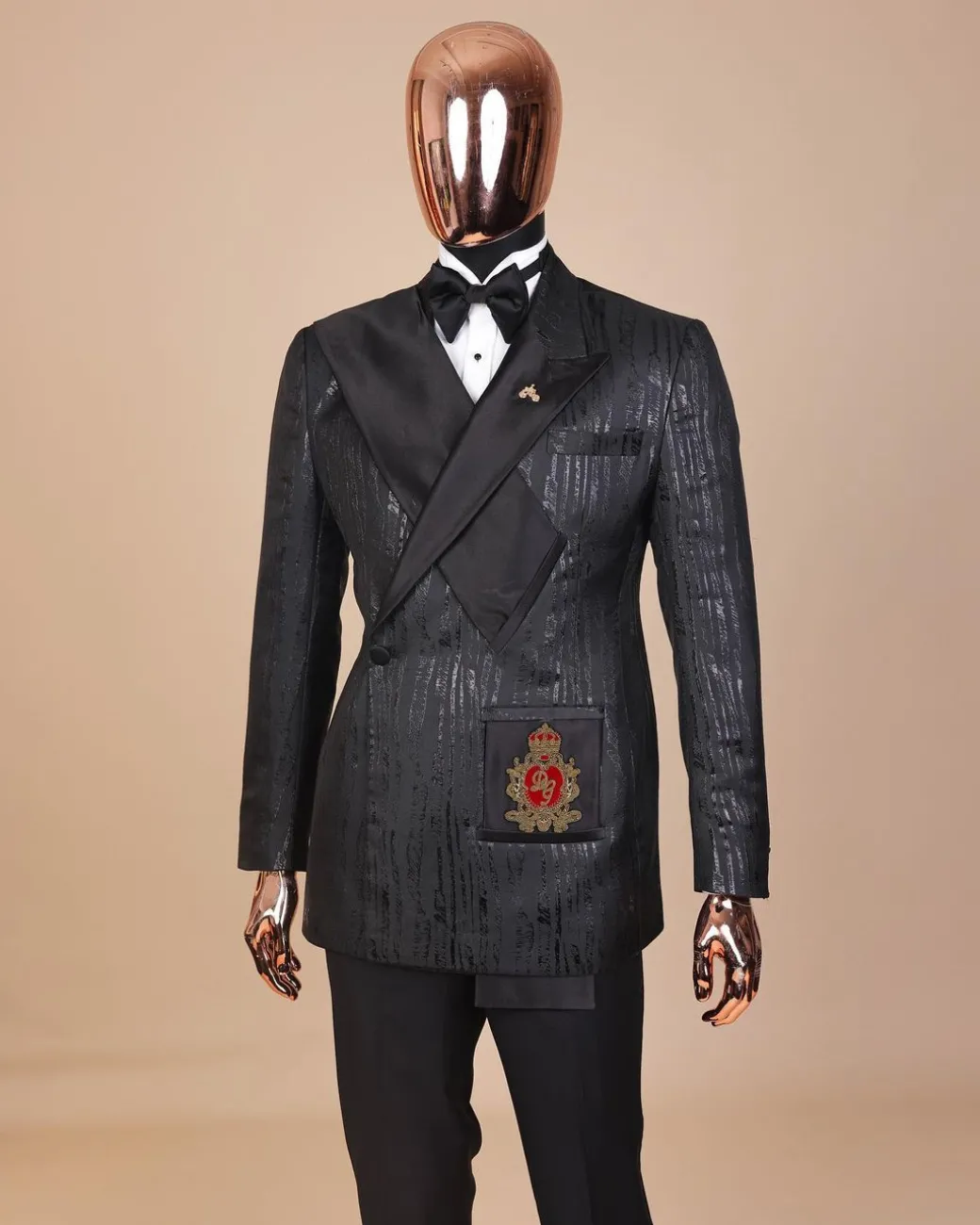 The “Da Vinci” charcoal black, metallic jacquard, single lapel, mid cut intersect strap tuxedo suit.