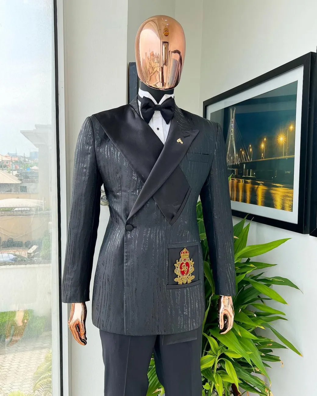 The “Da Vinci” charcoal black, metallic jacquard, single lapel, mid cut intersect strap tuxedo suit.