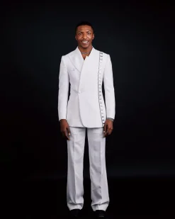 The “Equity” Ivory White Jacquard, Dropped And Point Slack Peak Lapel Suit