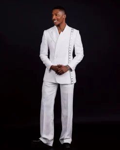 The “Equity” Ivory White Jacquard, Dropped And Point Slack Peak Lapel Suit