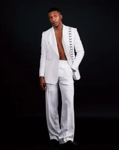The “Equity” Ivory White Jacquard, Dropped And Point Slack Peak Lapel Suit