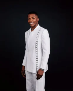 The “Equity” Ivory White Jacquard, Dropped And Point Slack Peak Lapel Suit