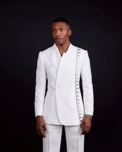 The “Equity” Ivory White Jacquard, Dropped And Point Slack Peak Lapel Suit
