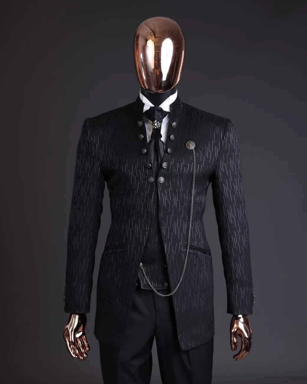 The “Ever After” charcoal black, half front cut, rectangle dropping pattern jacquard suit.