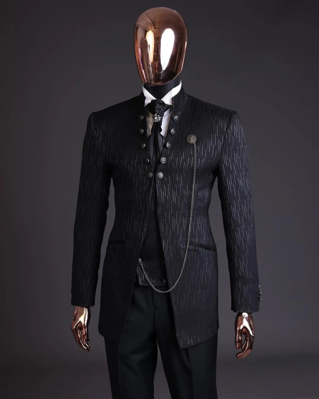The “Ever After” charcoal black, half front cut, rectangle dropping pattern jacquard suit.