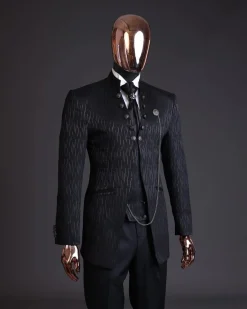 The “Ever After” charcoal black, half front cut, rectangle dropping pattern jacquard suit.