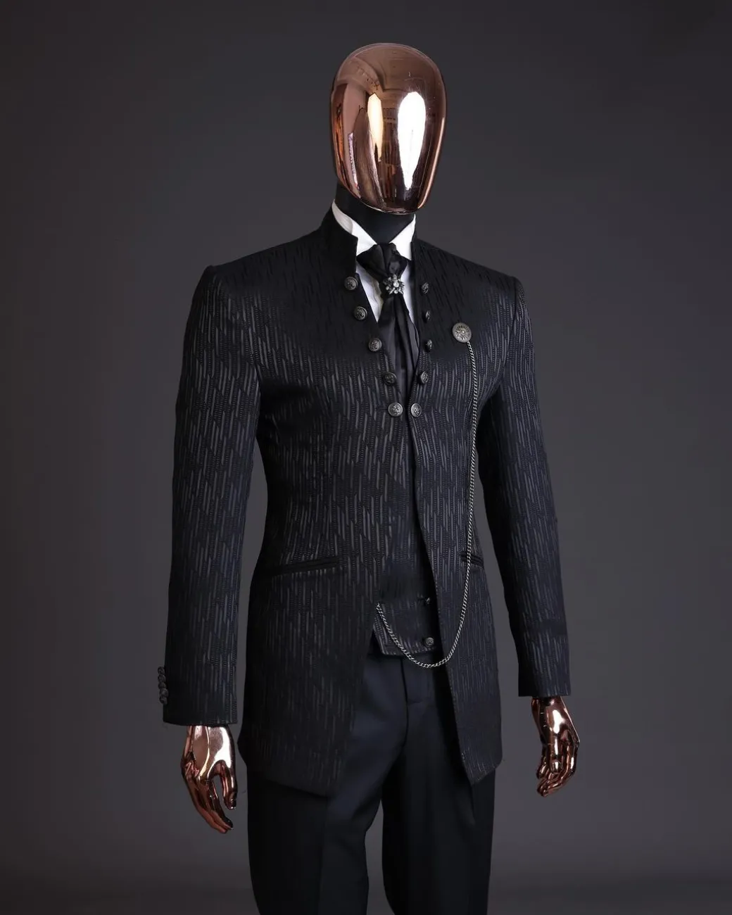 The “Ever After” charcoal black, half front cut, rectangle dropping pattern jacquard suit.