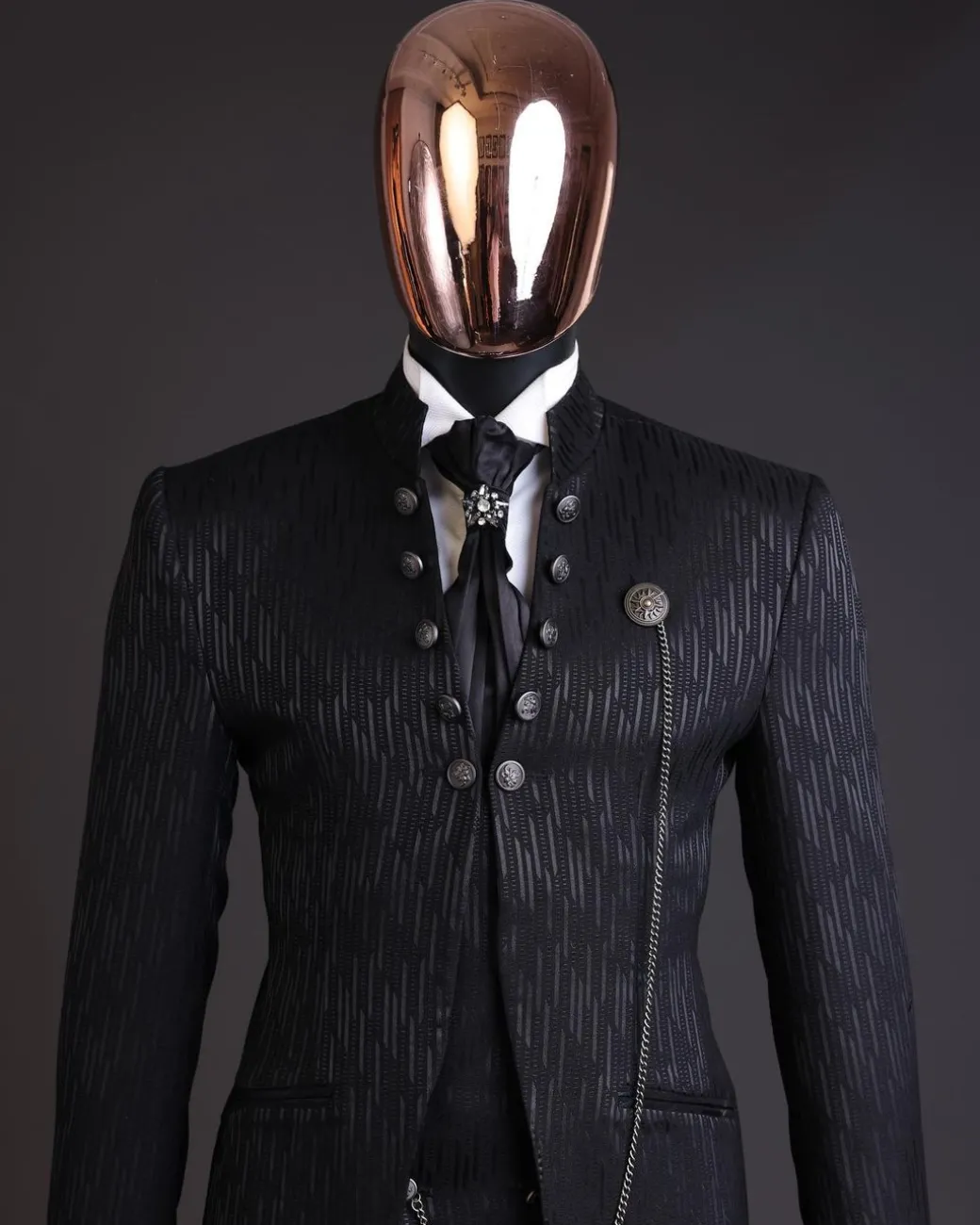 The “Ever After” charcoal black, half front cut, rectangle dropping pattern jacquard suit.
