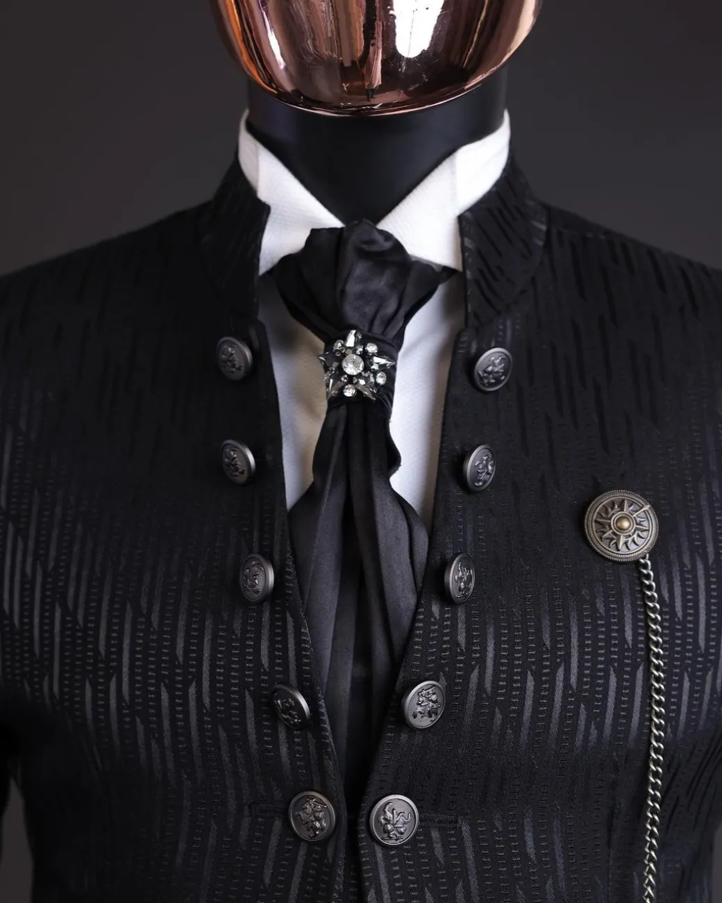 The “Ever After” charcoal black, half front cut, rectangle dropping pattern jacquard suit.
