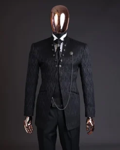 The “Ever After” charcoal black, half front cut, rectangle dropping pattern jacquard suit.