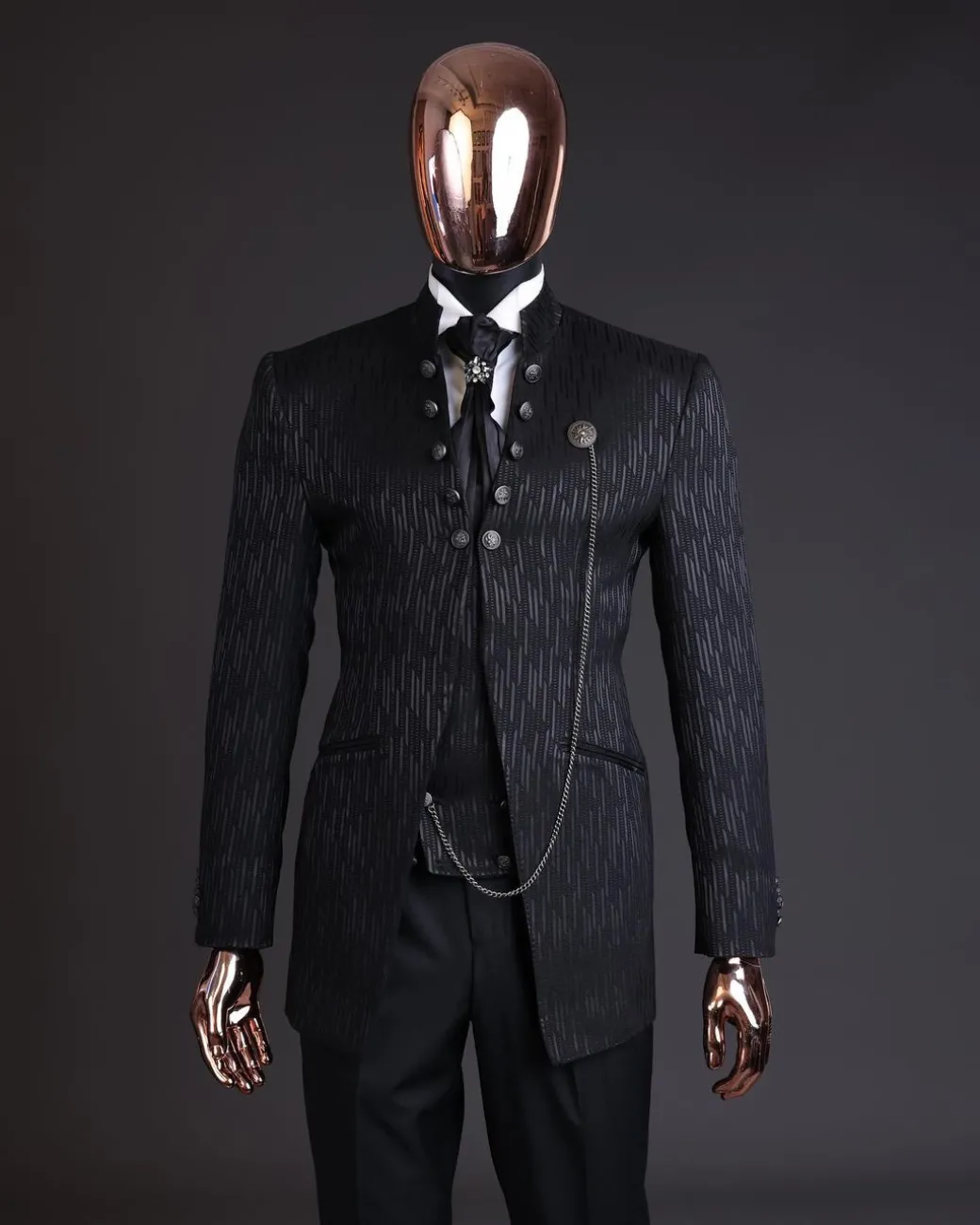 The “Ever After” charcoal black, half front cut, rectangle dropping pattern jacquard suit.