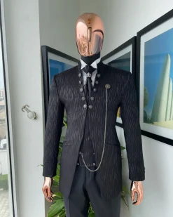 The “Ever After” charcoal black, half front cut, rectangle dropping pattern jacquard suit.