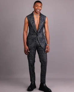 The “Gifted” Navy Blue & Silver Wire Metallic Jacquard Armless Peak Lapel Suit