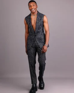 The “Gifted” Navy Blue & Silver Wire Metallic Jacquard Armless Peak Lapel Suit