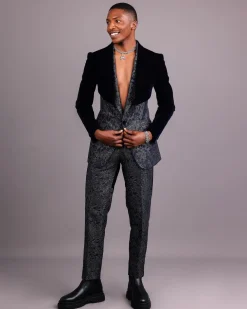 The “Gifted” Navy Blue Half-Cut Jacket & Silver Wire Metallic Jacquard Armless Peak Lapel Suit