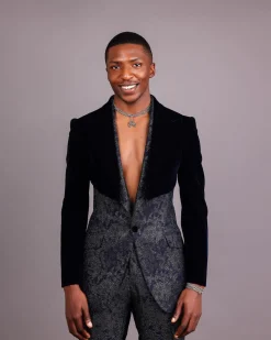 The “Gifted” Navy Blue Half-Cut Jacket & Silver Wire Metallic Jacquard Armless Peak Lapel Suit