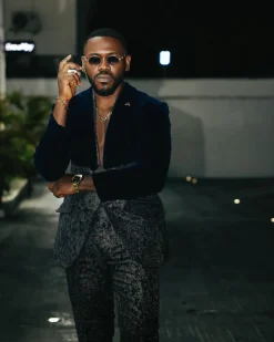 The “Gifted” Navy Blue Half-Cut Jacket & Silver Wire Metallic Jacquard Armless Peak Lapel Suit
