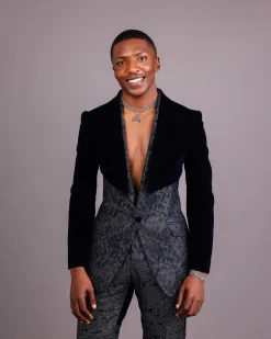 The “Gifted” Navy Blue Half-Cut Jacket & Silver Wire Metallic Jacquard Armless Peak Lapel Suit
