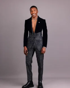 The “Gifted” Navy Blue Half-Cut Jacket & Silver Wire Metallic Jacquard Armless Peak Lapel Suit