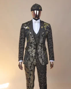 The “gogo” limited edition gold and black mixed jacquard fabric notch lapel metallic jacquard suit