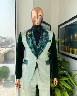 The “Gogo” Limited Edition Shade Of Mixed Green Jacquard Fabric Notch Lapel Metallic Jacquard Suit