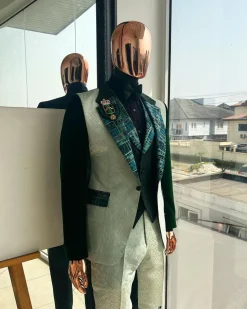 The “Gogo” Limited Edition Shade Of Mixed Green Jacquard Fabric Notch Lapel Metallic Jacquard Suit