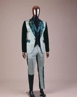 The “Gogo” Limited Edition Shade Of Mixed Green Jacquard Fabric Notch Lapel Metallic Jacquard Suit
