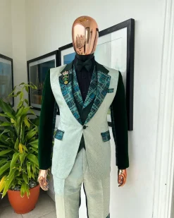 The “Gogo” Limited Edition Shade Of Mixed Green Jacquard Fabric Notch Lapel Metallic Jacquard Suit